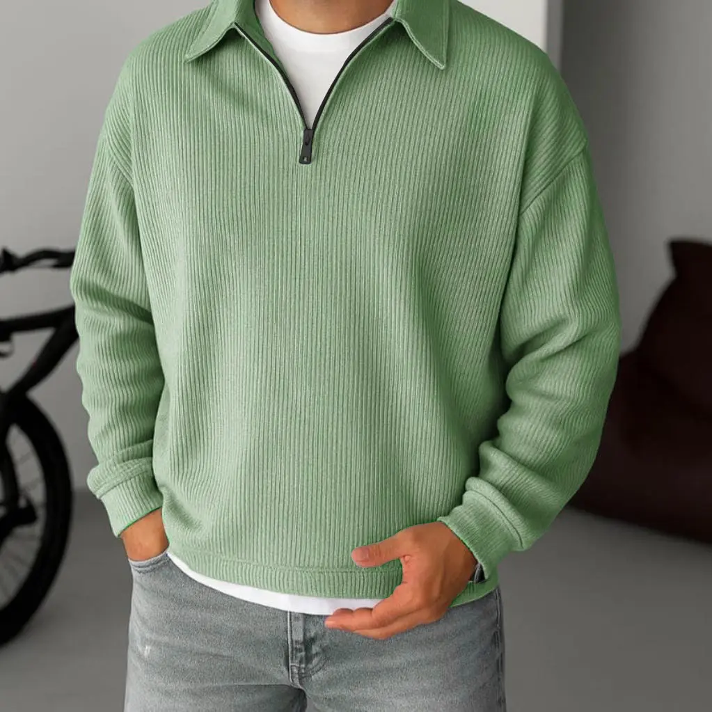 سويت شيرت بولو نص سوستة رجالي لون منت جرين، خامة كاردونية مضلعة